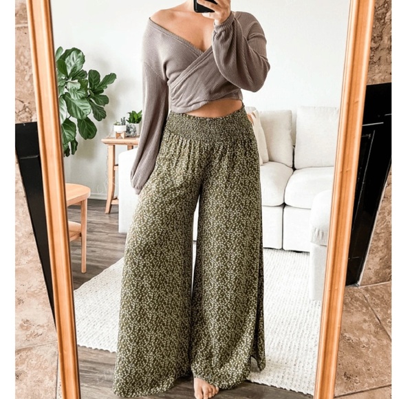 Pants - Plus Floral Print Stretchy Waist Wide leg Trouser Pants